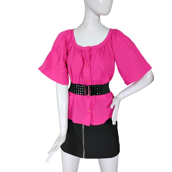 Vintage De Bodie Blouse Size Medium Hot Pink Button Up Short Wide Sleeves - Picture 2 of 9